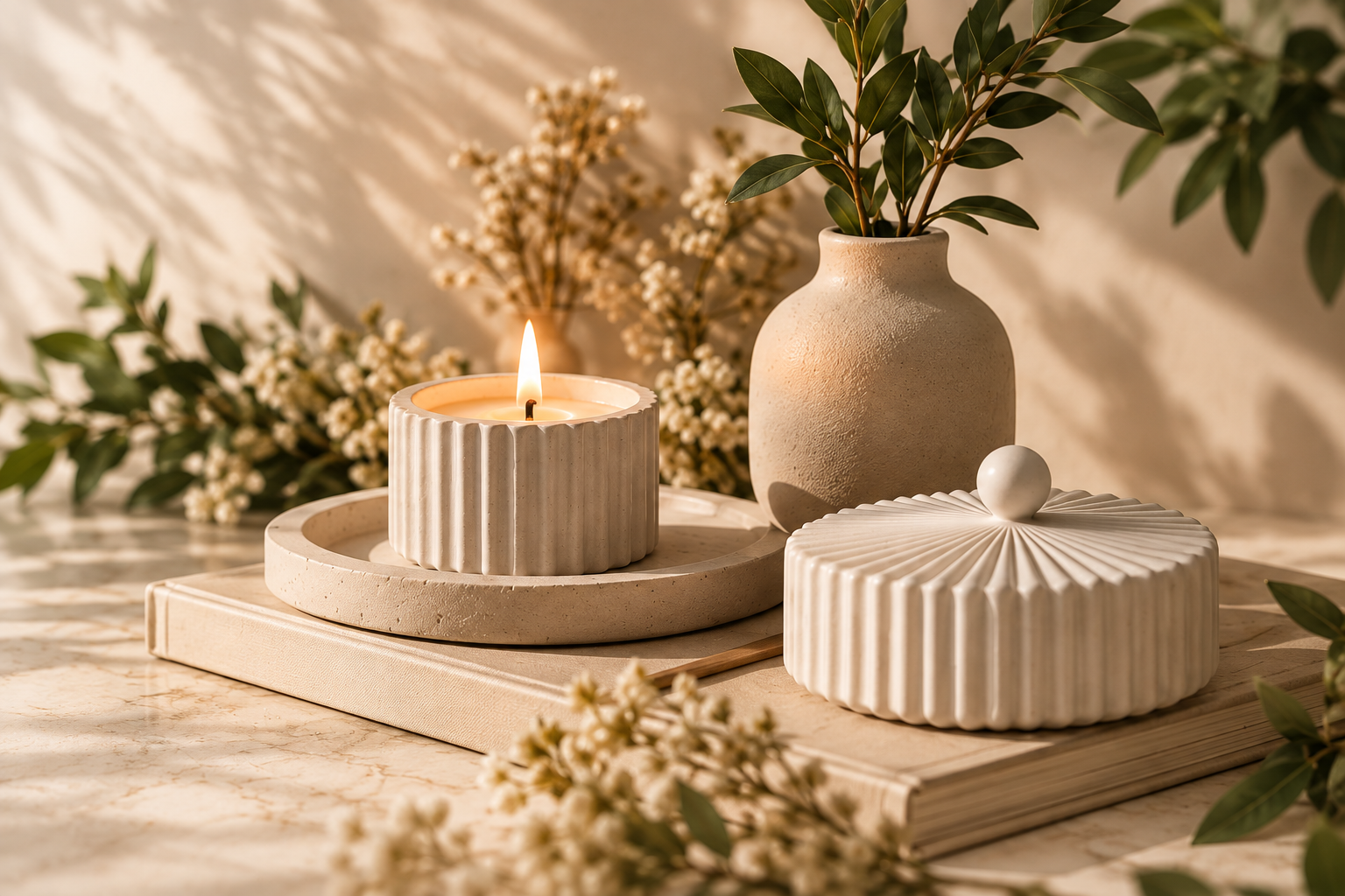 Vela artesanal e peças em gesso em uma composição natural